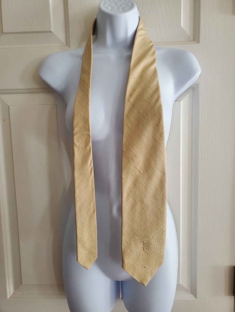 YSL Vintage Monogrammed Textured Silk Neck Tie Tan